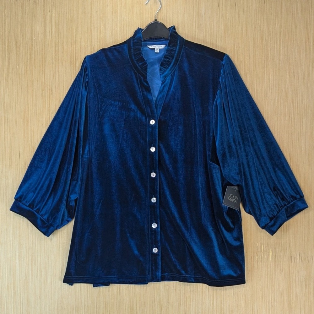 John Mark Regency Festive Velvet Ruffle Neck Button Down Top 1X Blue Party NWT